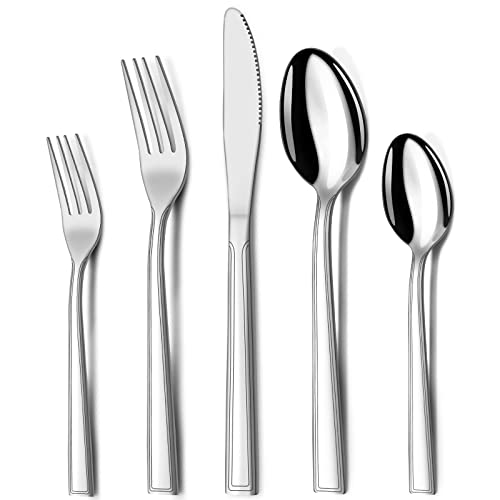 Hunnycook Juego de cubertería de 60 piezas para 12 personas, de acero inoxidable, con cuchillo, tenedor y cuchara para fiestas, restaurantes, bodas, diseño de rayas, apto para lavavajillas