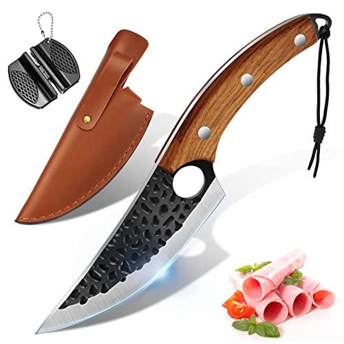 OOKUU Cuchillos Vikingos, Cuchillos de Cocina Japoneses con Afiladores, Cuchillos de Deshuesar Forjados, Cuchillos de Carnicero, Cuchillos de Corte de Carne con Mango de Colmillo Completo y Cordón