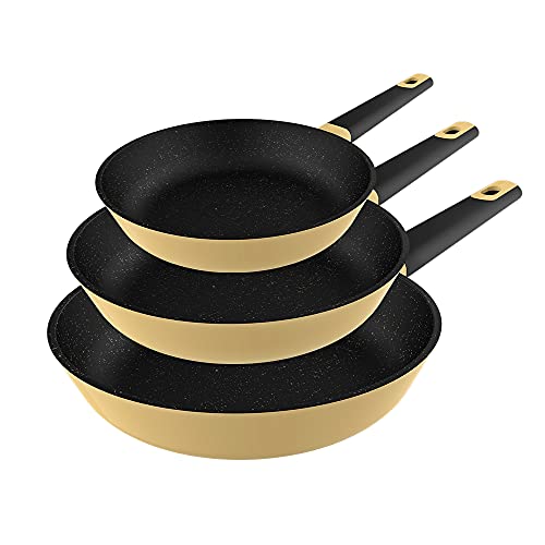 Cecotec Set de Sartenes Polka Experience 20-24-28 Bucket Set Vulcano. Diámetro 20-24-28, Aluminio Fundido, Revestimiento Antiadherente, Apta para todo tipo de Cocinas y Lavavajillas, Amarillo