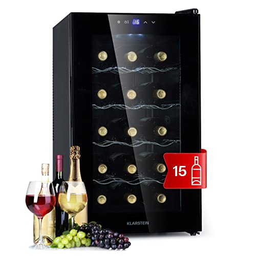 Klarstein Vinoteca 15 Botellas, Nevera Vinos de Una Zona, Nevera Expositora Vino y Cerveza, Vinoteca Pequeña Interior y Exterior con Puerta de Cristal, Nevera Vino Protección UV, Panel Táctil, 5-18°C