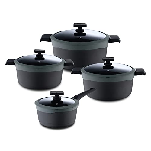 MasterPRO Gastro Reeco | Set de 8 piezas | 3 Cacerolas de 20, 24 y 28 cm y Cazo de 16 cm con Tapa| Indicador Temperatura |Aluminio Fundido Reciclado| Antiadherentes |Para Todo Tipo de Cocinas