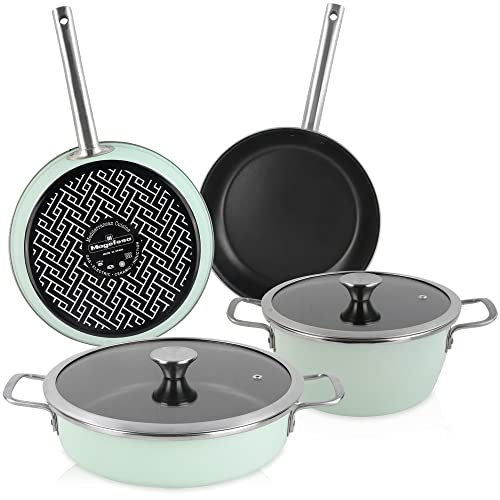 Magefesa Nordic Batería Cocina Inducción 6 Piezas, Antiadherente Libre PFOA Esmalte Exterior Verde Menta, Set Cazuelas Tapa Vidrio, Sartenes, Herrajes Inox Satinados, Retro Estilo Vintage