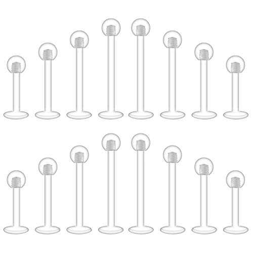 Mayhoop 16Piezas Piercing de Labio Oreja 16G Acrílico Flexible Claro Piercing Anillo Retenedores de Labios Tragus Studs Cartilage Helix Daith Mujer Hombre Joyería de Piercing Barra 6-12mm