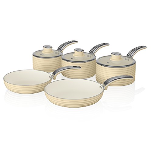 Swan SWPS5020CN Batería de Cocina Antiadherente, Cerámica, Incucción, 2 Sartenes 20/28 cm, 3 Cacerolas 16/18/20 cm, Crema, Metal, 29.5x47x18 cm, 5