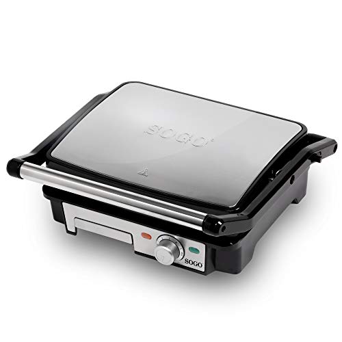 SOGO Sandwichera Eléctrica Lisa - Plancha Grill de cocina, Placas Lisas (Planas) Antiadherentes de 28x22 cm, Apertura 180º, 2000W (SS-7131)