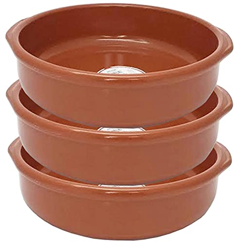 Pack de 3 cazuelas redondas de barro con asas, diámetro exterior 30,8 cm (zona sin asas), diámetro interior 28,3 cm, aptas para vitro y horno