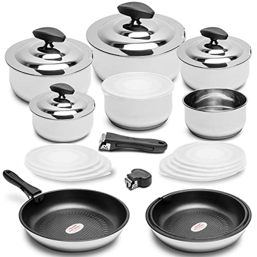 Callaway Frankfurt Batería Cocina Inducción, Asa Extraíble, 24 Pzas, Acero Inoxidable, Antiadherente, 3 Cacerolas, 2 Ollas, 1 Cazo, 3 Sartenes, 4 Tapas Inox + 8 Herméticas, 1 Asa + 2 Mangos, Apilable