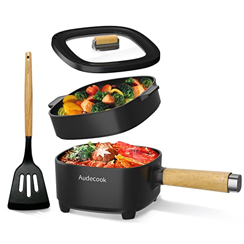 Audecook Sartén eléctrica, sartén antiadherente de cerámica mejorada de 2 l, sartén eléctrica Ramen para bistec, huevos, arroz frito, avena, sopa. Terminales de alimentación doble controlables
