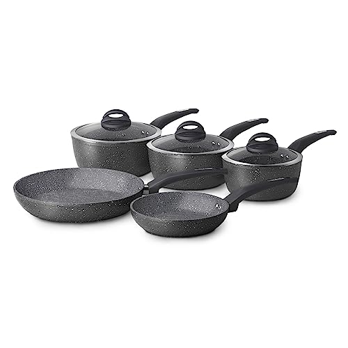 Tower T81276 Juego de Sartenes y Cacerolas Forjadas con Acabado Antiadherente Cerastone – 5 x Ollas y Sartenes Antiadherentes – Set de Sartenes 10/28 cm y Ollas 18/20/22 cm con Mango Suave - Grafito