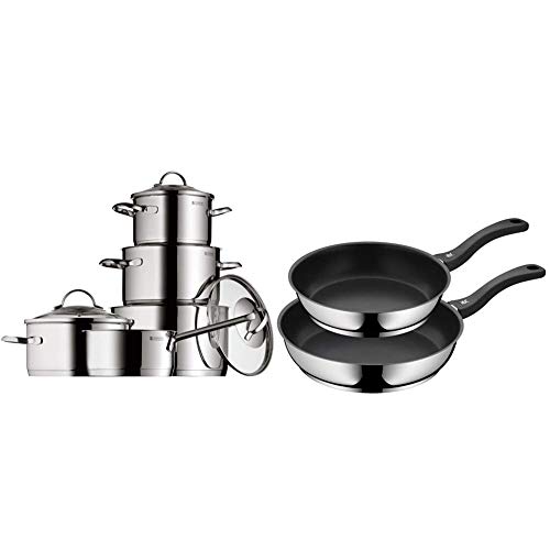 WMF Provence Plus - Batería de Cocina, Acero Inoxidable Cromargan, Tapas Cristal + Set 2 sartenes Devil 24 cm y 28 cm, con antiadherente para todo tipo de cocinas incluido inducción, aluminio fundido