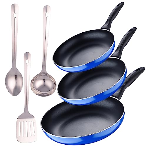 San Ignacio Set 3pc sarten (16+20+24cm) aluminio prensado, inducción, azul Navy Paradise con Set 3 pc utensilios cocina acero inoxidable