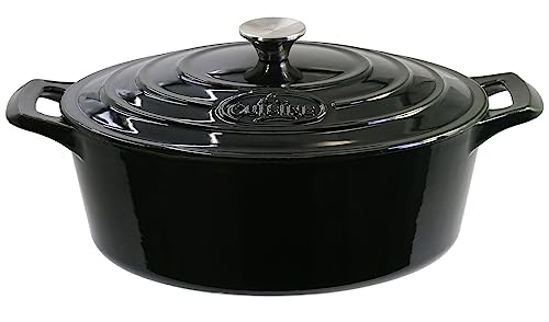 Cacerola ovalada de hierro fundido esmaltado, 6,5 litros, 33 x 25 x 16 cm, interior de esmalte negro mate, revestimiento interno de esmalte de porcelana negro brillante
