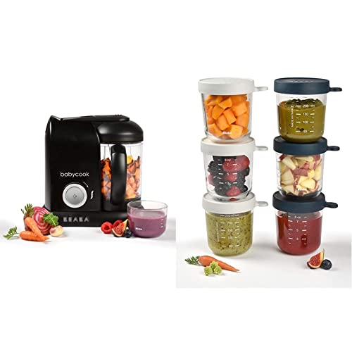 BÉABA Babycook Solo, Robot de cocina infantil 4 en 1, Tritura, cocina y cuece al vapor, Cocción rápida, Negro & Tarros de Conservación para Bebé Azul (Dark Blue/mist)