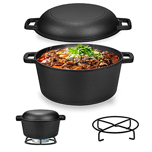 Velaze Olla Horno Holandesa Pre-Sazonado Cacerola de Hierro Fundido, Cacerola Redonda con Tapa de Doble Función Sartén, Dutch Oven Apto Inducción Gas para Cocina Casera Camping Barbacoa Hornear - 4.5L