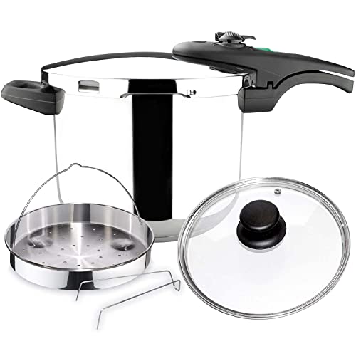MAGEFESA ® Athenas Complet Olla a presión super rápida de 6 litros, pack exclusivo cestillo + tapa de cristal, acero inoxidable, para todo tipo de cocinas, inducción, 5 sistemas de seguridad, express