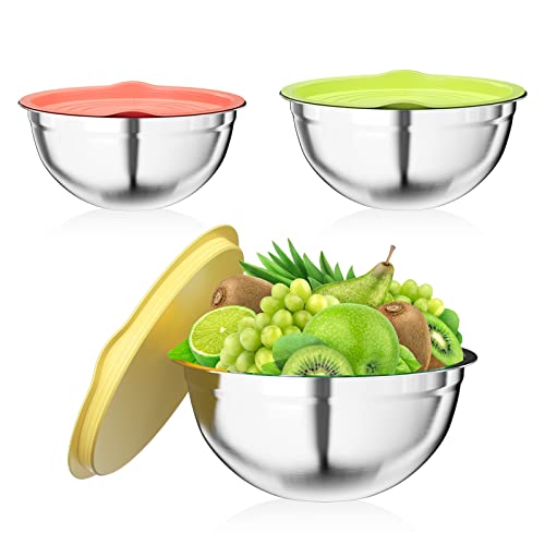 Newpop 3 piezas Cuencos para mezclar, ensaladera de acero inoxidable con colores tapa hermética, 2.5L/2L/1.4L bol cocina son apilables y aptos para lavavajillas, boles Ahorra Espacio, plata