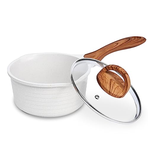 JEETEE Cacerola 20cm 2.4L Con Tapa De Vidrio，Cazuelas De Cocina Antiadherente Multicapa Efecto Piedra, Cazo Induccion Libre De Pfoa Apto Para Todo Tipo De Cocinas