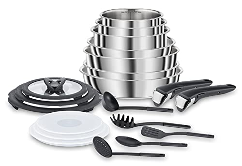 Lagostina Ingenio Inox, Juego de ollas y sartenes para inducción, acero inoxidable 18/10, color gris, 20 unidades
