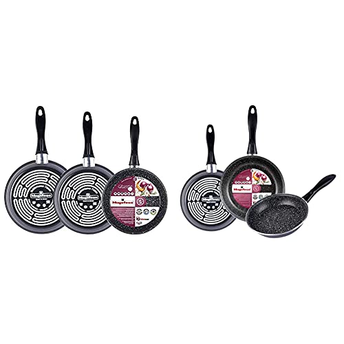 Magefesa K2 Gransasso set de 3 sartenes 20/26/28cm acero vitrificado exterior gris + K2 Gransasso Juego de 3 sartenes 18/20/24cm de acero vitrificado exterior gris moteado
