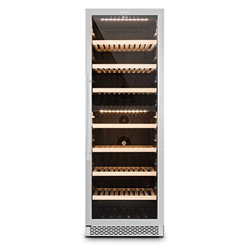 Klarstein Gran Reserva - Nevera para vinos, Nevera para bebidas, Refrigerador gastronomía, 2 Zonas, 166 Botellas, 7 Baldas de madera, Control Táctil, Iluminación interior LED, Negro-plateado