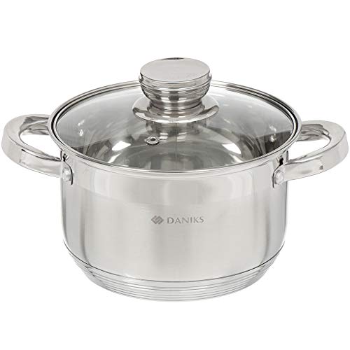 Daniks Standard Olla de Acero Inoxidable con Tapa de Vidrio | Olla Inducción | Escala de medición | Mangos a Prueba de Calor | 1.9L, Ø 16 cm | Plata