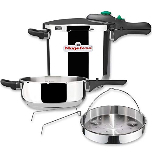 MAGEFESA DYNAMIC Olla a presión super rápida de fácil uso, acero inoxidable 18/10, apta para todo tipo de cocinas, incluido inducción. Pack exclusivo Olla+Cestillo. (3L + 6L)