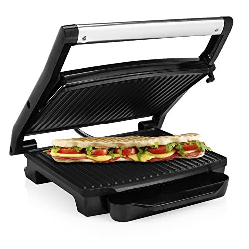 Princess 112415 Grill para bocadillos con tapa flotante y plancha, Se puede guardar en vertical u horizontal, superficie de la parrilla 30 x 24 cm, bandeja recoge grasa, 2000 W Negro, Acero Inoxidable