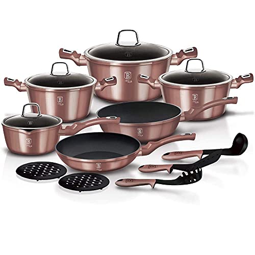 Berlinger Haus I-Rose Batería Cocina Inducción 15 Piezas, Antiadherente Titanio sin PFOA, Aluminio, Set 3 Cazuelas, 4 Tapas Cristal, 1 Cazo, 2 Sartenes, 3 Utensilios, 2 Salva Manteles, Vitrocerámica