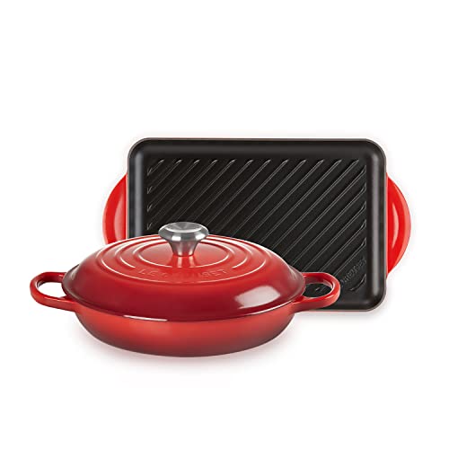 Juego de 2 Piezas de Hierro Fundido de Le Creuset, Contiene una Cacerola baja de 26 cm con una Parrilla Rectangular de 32 cm, Cereza