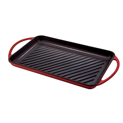 Jata GR33 - Plancha de Asar, Grill Hierro Fundido, Superficie Rayada, Apta para Todo Tipo Cocinas Incluida Inducción, Apta para Horno, 33 x 21,5, Roja