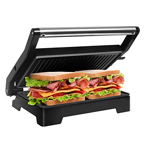 Gotoll 1000W Sandwichera,Apertura 180º Parrilla Eléctrica,Máquina de Panini,Tostadora con Revestimiento Antiadherente,Libre de PTFE,PFOA,Placas de Grill,Asa de Toque Frío