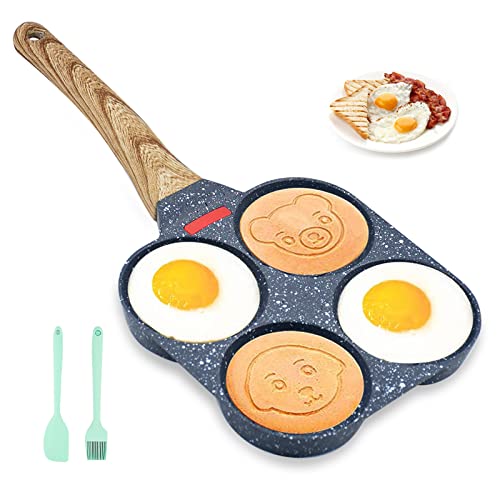 Kikuo Sartén para huevos sartén antiadherente de 4 orificios sartén para panqueques de desayuno sartén para hamburguesas con huevo frito antiadherente con barrido de aceite de silicona y espátula