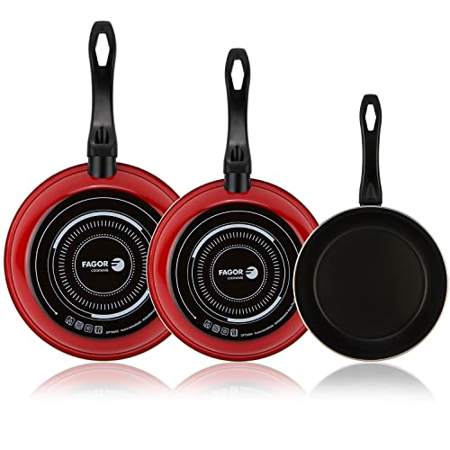 Fagor SARTEN OPTIMAX. Sartén Antiadherente Doble Capa, Acero esmaltado de 1,5mm de Espesor, Compatible con cocinas inducción, cerquillo de Acero Inoxidable. Apta lavavajillas (SARTEN ROJA, 20+24+28)