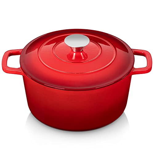 Velaze Olla de Hierro Fundido, Cacerola Holandesa de Hierro Fundido Esmaltado Antiadherente Anticorrosiva Esmalte Redonda de Color Rojo con Tapa Rociadores para Cocina Paella, Gran Capacidad 5L