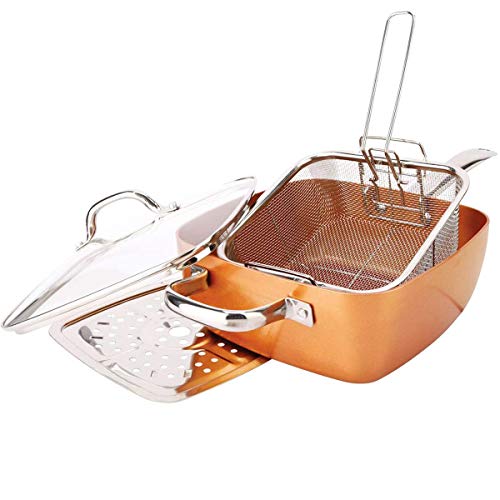 Increíble sartén cuadrada con accesorios y tapa con revestimiento de cobre y cerámica ultrarresistente antiarañazos y antiadherente, con asas ergonómicas sin PFOA para placa de inducción y gas.