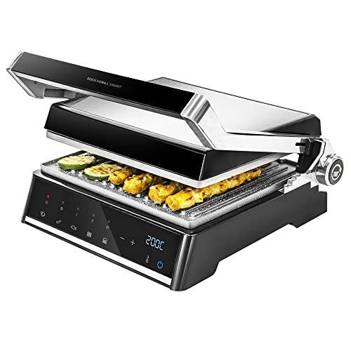 Cecotec Parrilla eléctrica Rock?nGrill Smart, 2000W de Potencia, Sistema de Ajuste de Tiempo y Temperatura, Apertura 180º,Placas extraíbles aptas para lavavajillas,Bandeja recogegrasas