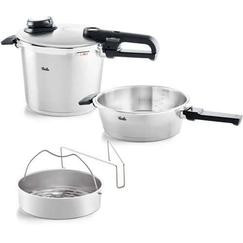 Vitavit Premium, Juego de ollas a presión, 4 piezas, olla a presión de 6 L y de 2,5 L, ambas con un diámetro de 22 cm, incluye tapa de metal, accesorio de cocción al vapor, inducción