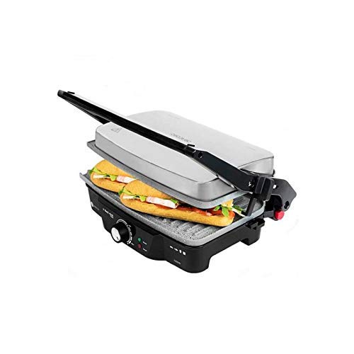 Cecotec Parrilla Eléctrica Rock'n Grill 1500. Revestimiento de Piedra Rockstone, 1500 W, Regulador de Temperatura, Apertura 180º, Superficie 28.7 x 17 cm, Acero Inoxidable y Plástico