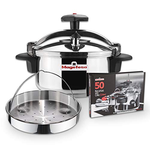MAGEFESA ® Star Olla a presión rápida de 4 litros, Pack Exclusivo Olla + Cestillo + Libro de Recetas, fácil Uso, Acero Inoxidable 18/10, Apta para Todo Tipo de cocinas, Incluido inducción, Express