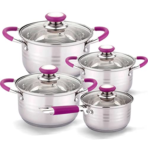 GRIDINLUX. Batería de cocina. Set 8 piezas. Moderna y resistente. Acero inoxidable. Asas silicona morada. Cacerolas de 3 tamaños. Apta para todo tipo de cocinas.