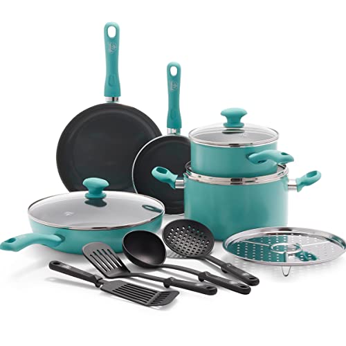 GreenLife Soft Grip Diamond - Juego de ollas y sartenes antiadherentes de cerámica saludable de 13 piezas, sin PFAS, apto para lavavajillas, turquesa, utensilios de cocina de diamante