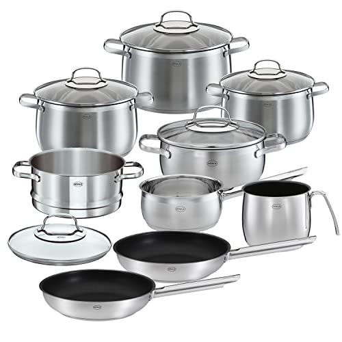 Rösle Globe Juego de Ollas de 10 Piezas, 6 Ollas de Calidad, 1 Olla para Cocinar al Vapor, 2 Sartenes en Set, Acero Inoxidable 18/10, con Tapa de Cristal, Aptas para el Lavavajillas y la Inducción