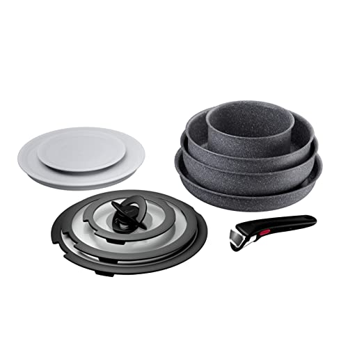 Lagostina Ingenio Mineralis Eco Juego de sartenes antiadherentes de aluminio 100% recicladas con fondo indeformable, 10 piezas, cacerola 16 cm, sartén 28 cm, sartén 24 cm, wok 28 cm, 5 tapas y mango