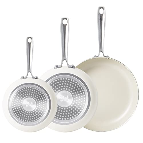 Juego de sartenes de cerámica, 3 piezas, antiadherentes, 20/26/30 cm, para todos los tipos de cocina, sartén de cerámica, sin PTFE, sin PFAS, sin PFOA (beige)