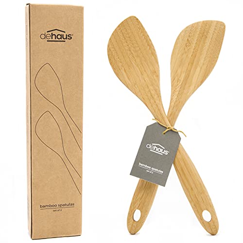 Dehaus® Espátulas de bambú de lujo, juego de 2 | Utensilios de cocina de madera de primera calidad | Accesorios de utensilios de cocina sólidos | Herramientas de cocina para sartén antiadherente o wok