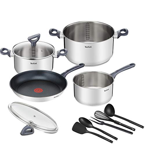 Tefal Daily Cook – Batería de cocina de 4 piezas + 5 accesorios: Sartén 28 cm, cazo 16 cm, cacerola 20/24 cm de acero inoxidable, tapa, 5 accesorios, Thermospot, apto todas las cocinas y horno