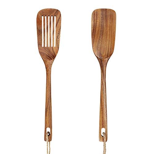 AOOSY Espátula de madera para cocinar, 13.3 pulgadas de mango largo de madera de acacia, espátula plana para cocina, juego de utensilios de cocina antiadherentes1 espátula ranurada, 1 espátula sólida