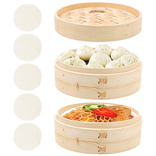 QUOTRE Vaporizador de bambú, 2 Niveles Canasta de bambú 5 Lienzos Reutilizables para Arroz, Dim Sum, Verduras, Pescado y Carne, 20cm