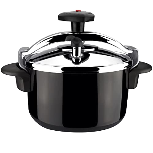 MAGEFESA ® Castel olla a presión rápida tradicional de 4 litros negra, cuerpo con recubrimiento cerámico y núcleo de acero, tapa de acero inoxidable, fácil uso, apta para inducción total, express