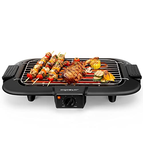 Aigostar Barbacoa electrica portatil, 2000 W, resitencia extraíble, Parrilla Inoxidable y Altura Ajustable a 2 Niveles, indicador luminoso, bandeja antigoteo, Superficie de cocina: 36 x 21 cm, Negro